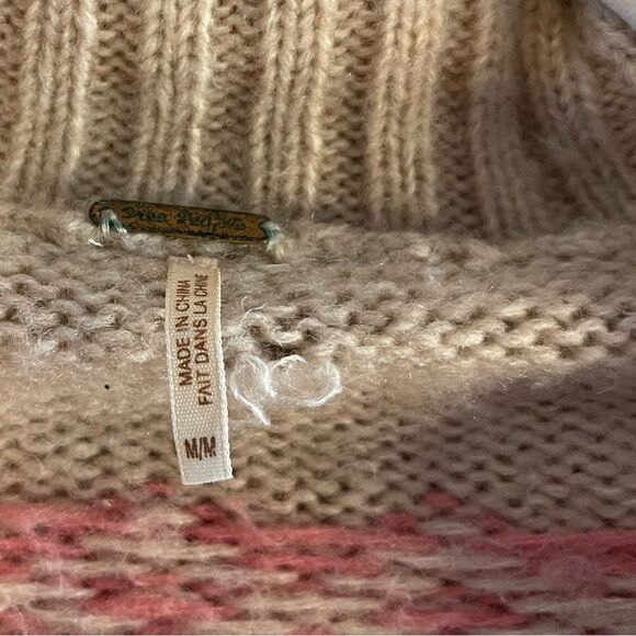 Free People Fair Isle Nordic Alpine Wool Blend Sweater Tan/Pink | SZ M - Picture 13 of 13